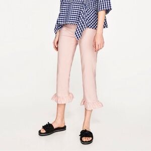 ZARA NWOT High Rise Stretch Pink Ruffle Hem Cropped Pants with Silver Side Zip